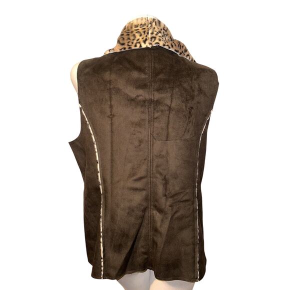 CHICO'S Jacket Size L (2) Brown Zip w/Leopard Print Faux Fur Gilet Vest Mob Wife - Picture 5 of 6